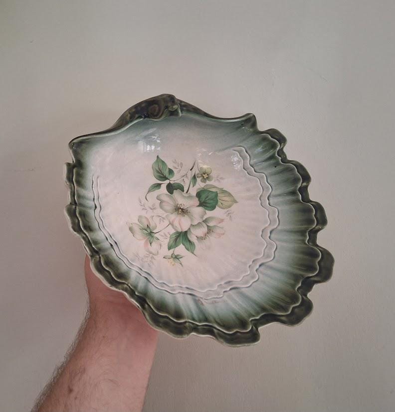 Vintage Blakeney Pottery Decorative Dish  Green Scalloped Edge with Hand-Painted Floral Design  Made in Portugal