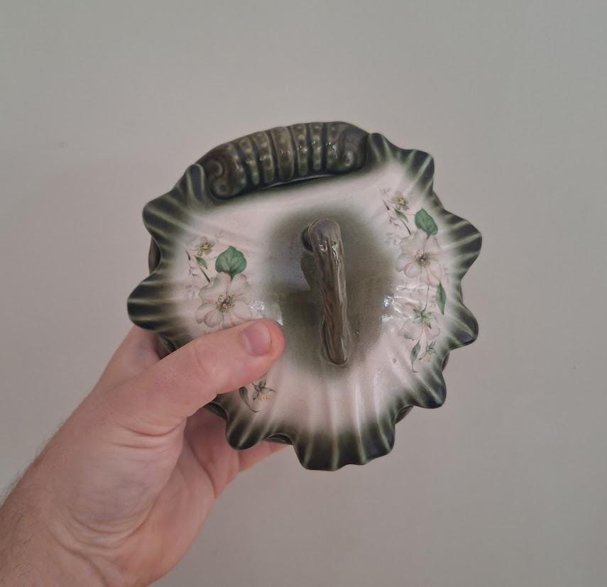 Vintage Blakeney Lidded Ceramic Soap Dish or Trinket Bowl  Green Ombre Glaze with Floral Design  Made in England