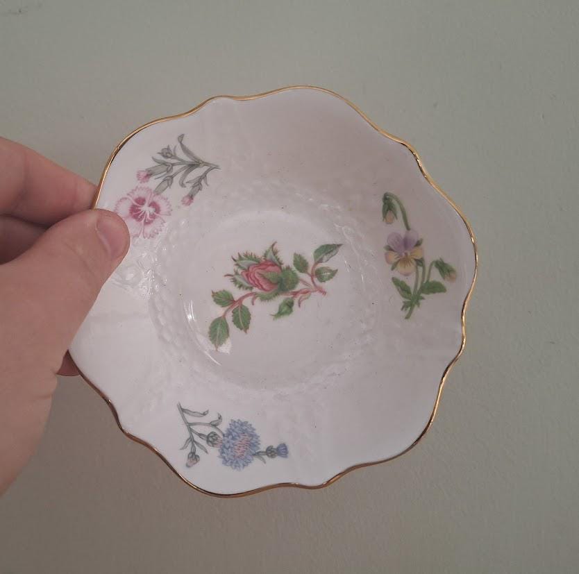 Aynsley Wild Tudor Scalloped Edge Dish  Fine Bone China Floral Trinket Bowl with Gold Trim  Vintage Bathroom or Vanity  Made in England