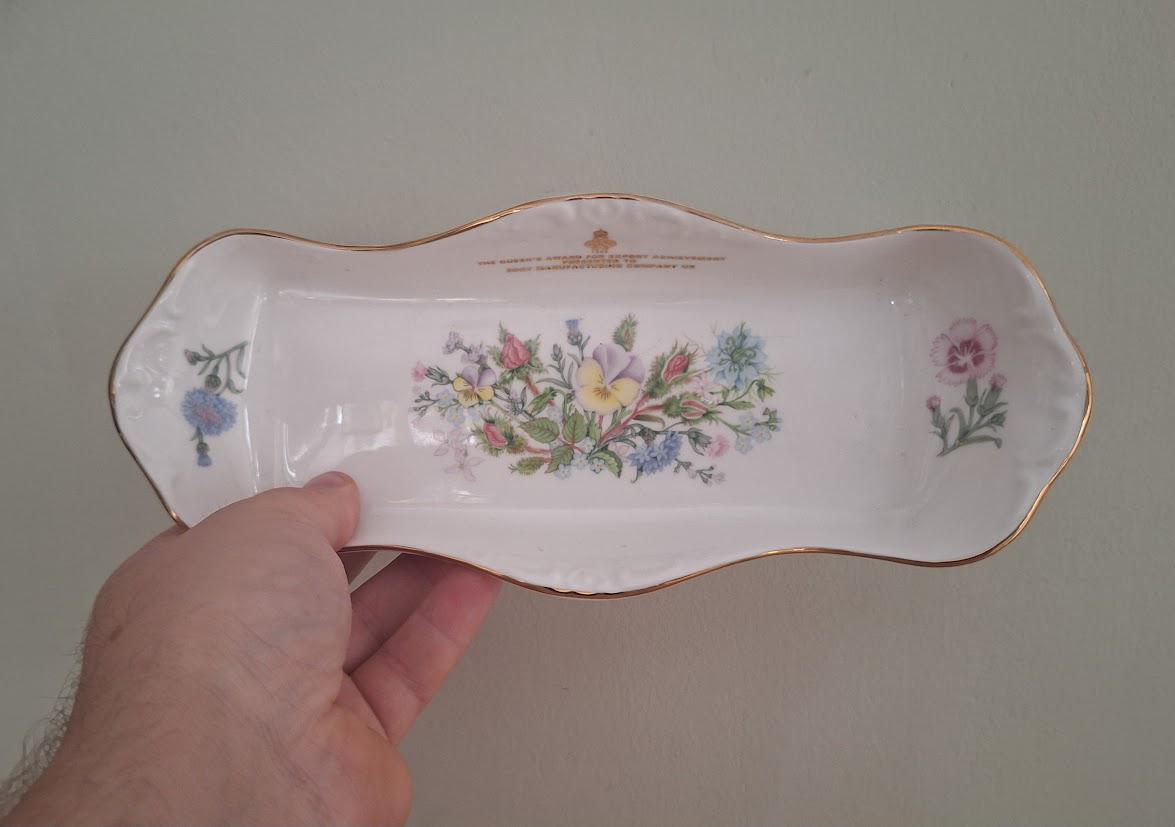 Aynsley Wild Tudor Bone China Trinket Dish  Queens Award for Export Achievement  Rectangular Floral Vanity Tray