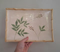 Vintage Ceramic Rectangular Plate with Bamboo-Effect Rim  Leaf & Berry Design  Crackle Glaze  Retro Japandi Style  Sold Individually
