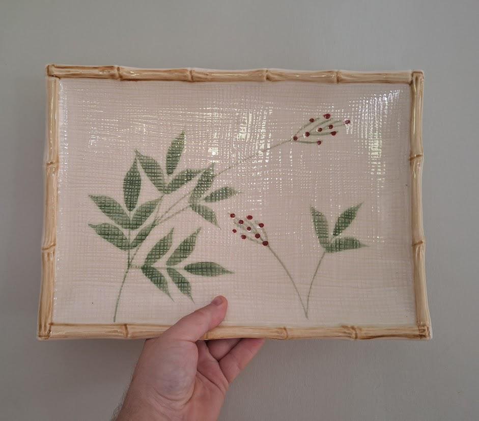 Vintage Ceramic Rectangular Plate with Bamboo-Effect Rim  Leaf & Berry Design  Crackle Glaze  Retro Japandi Style  Sold Individually
