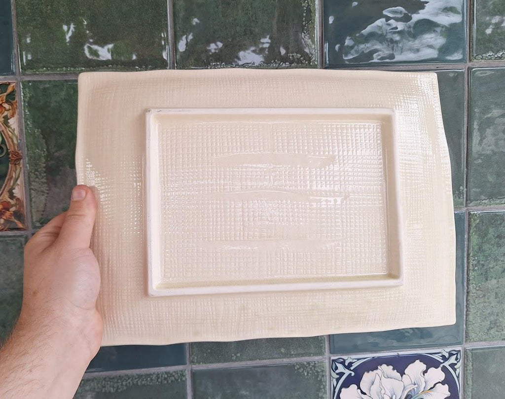 Vintage Ceramic Rectangular Plate with Bamboo-Effect Rim  Leaf & Berry Design  Crackle Glaze  Retro Japandi Style  Sold Individually