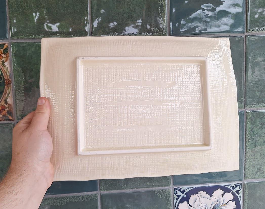 Vintage Ceramic Rectangular Plate with Bamboo-Effect Rim  Leaf & Berry Design  Crackle Glaze  Retro Japandi Style  Sold Individually