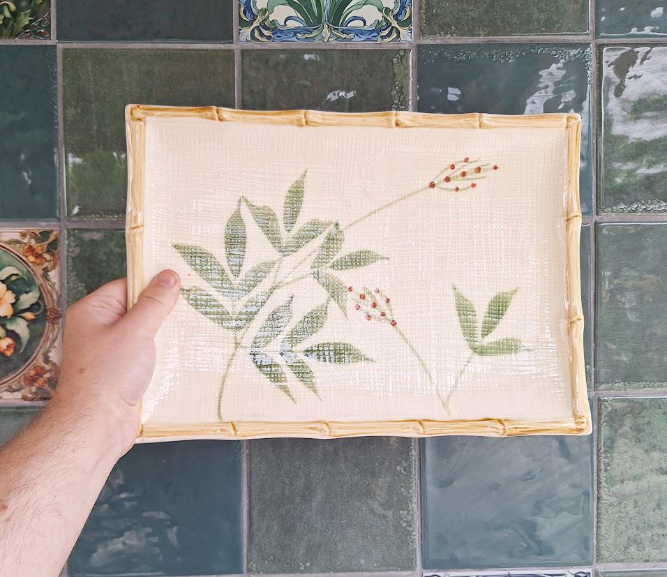 Vintage Ceramic Rectangular Plate with Bamboo-Effect Rim  Leaf & Berry Design  Crackle Glaze  Retro Japandi Style  Sold Individually