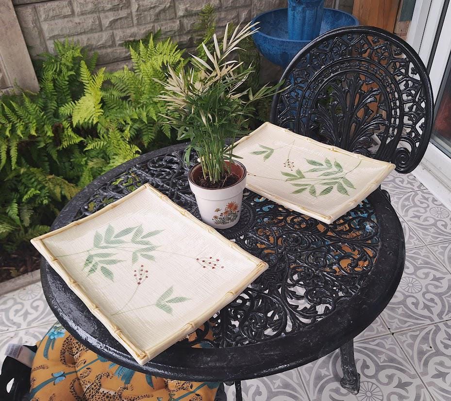 Vintage Ceramic Rectangular Plate with Bamboo-Effect Rim  Leaf & Berry Design  Crackle Glaze  Retro Japandi Style  Sold Individually