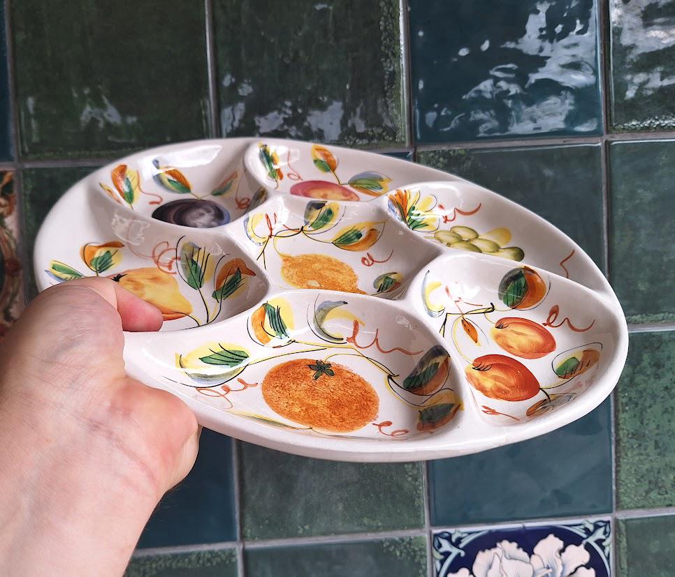 Hand-Painted Italian Ceramic Divided Serving Dish  Fruit Motif  Vintage Majolica Style