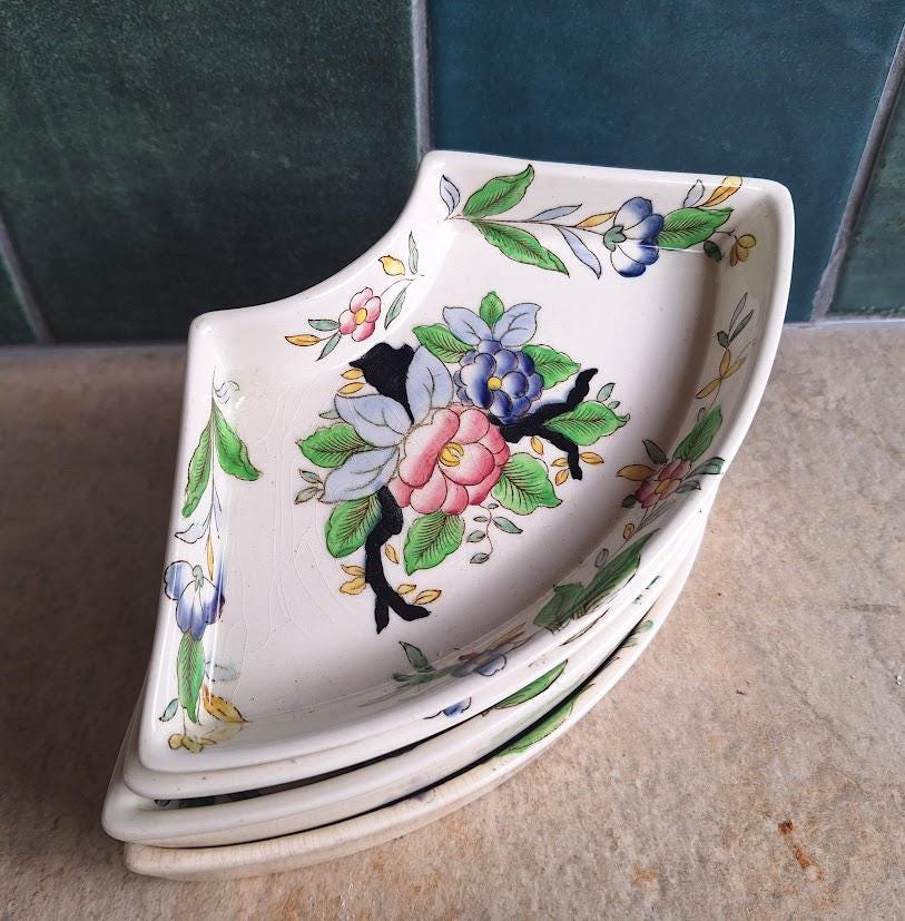 Vintage Booths Ceramic Crescent Dishes  Set of 4  ‘Woodcock Pattern  Hand Painted Floral Design