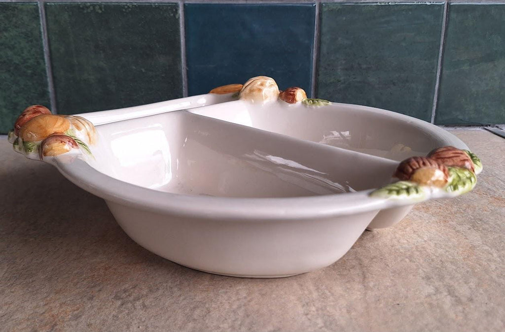 Vintage Ceramic Nut Motif Divided Serving Dish  Italy Style Pottery