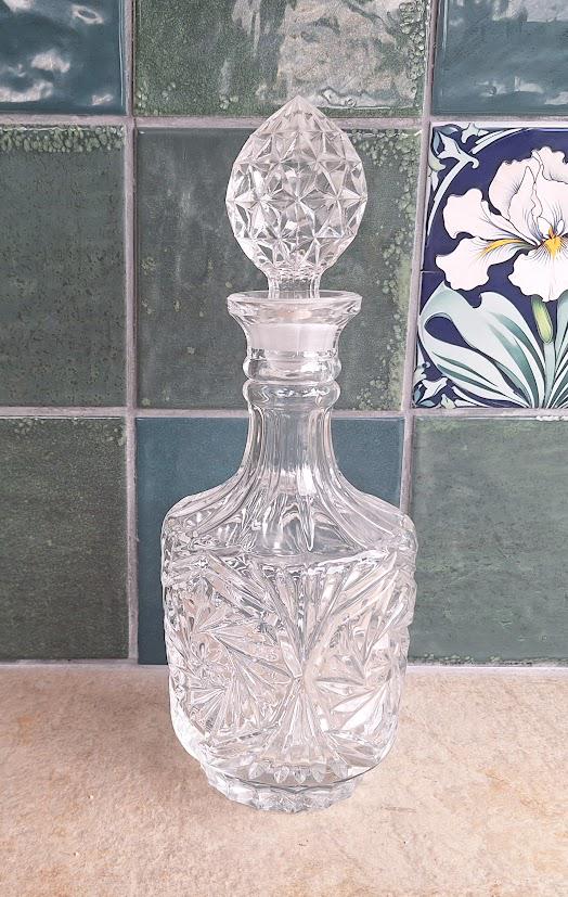 Pair of Vintage Cut Glass Crystal Decanters with Stoppers  Starburst Pattern, Barware or Display