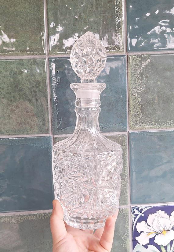 Pair of Vintage Cut Glass Crystal Decanters with Stoppers  Starburst Pattern, Barware or Display