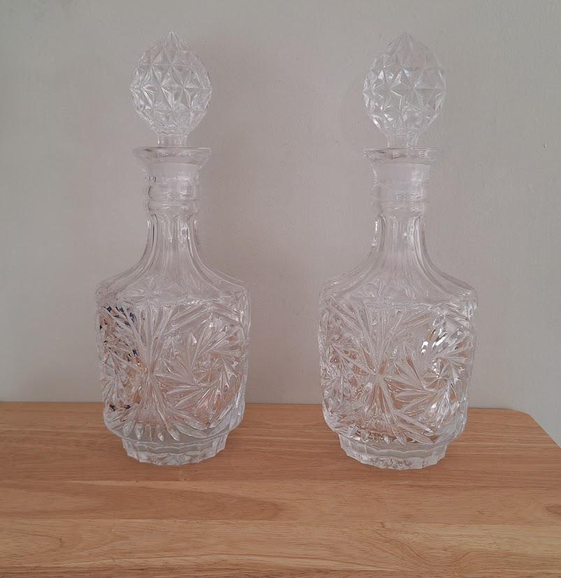 Pair of Vintage Cut Glass Crystal Decanters with Stoppers  Starburst Pattern, Barware or Display