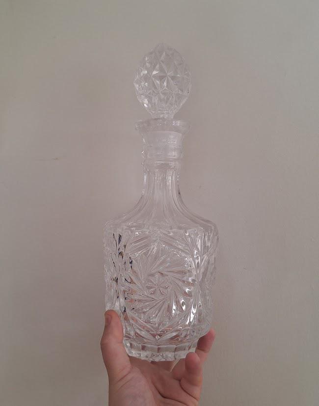 Pair of Vintage Cut Glass Crystal Decanters with Stoppers  Starburst Pattern, Barware or Display
