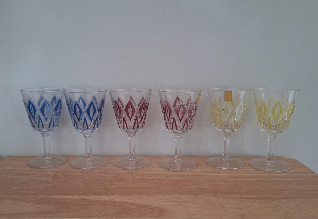 Vintage Retro Wine Glasses/ Sherry Glass Liquor Vintage Crystal Cut Coloured Wine Glasses  Set of 6  DZG Labelled