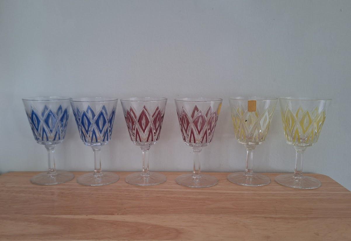 Vintage Retro Wine Glasses/ Sherry Glass Liquor Vintage Crystal Cut Coloured Wine Glasses  Set of 6  DZG Labelled