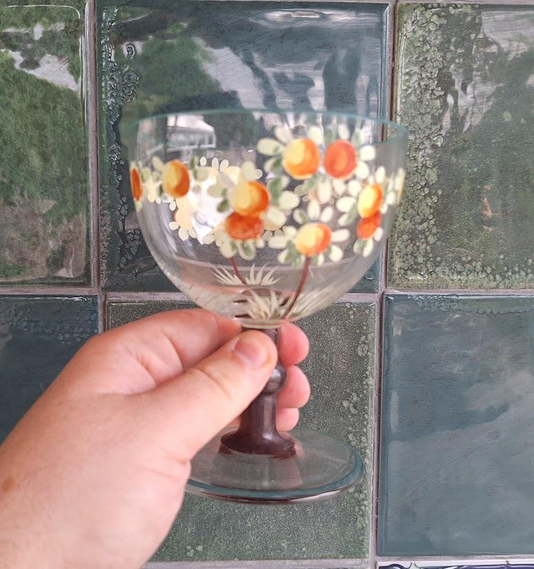 Vintage Hand Painted Floral Wine Glasses  Set of 4 with Brown Stems, Retro Daisy Design