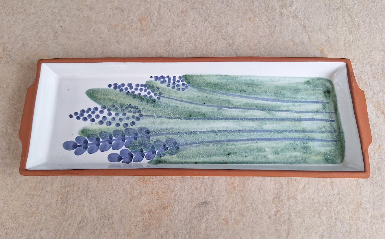 Hand-Painted Terracotta Rectangular Ceramic Serving Tray  Floral Lavender Design