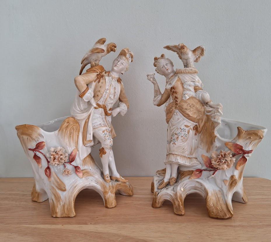 Vintage Bisque Porcelain Couple Figurines with Birds  Pair of Decorative Bisque Planter Vases