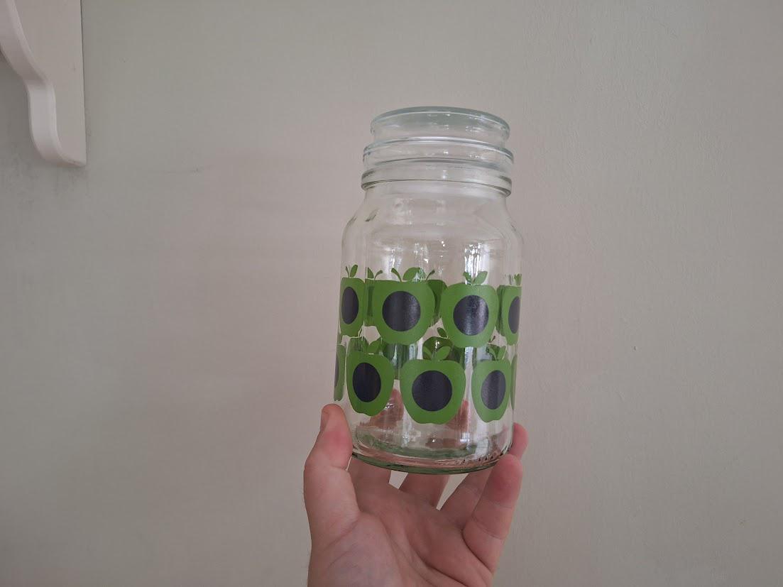 Vintage Clear Glass Jar with Green and Black Apple Print  Retro Kitchen Storage Container