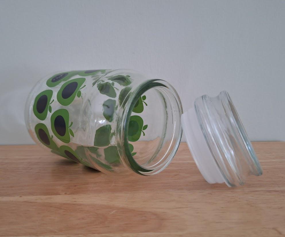 Vintage Clear Glass Jar with Green and Black Apple Print  Retro Kitchen Storage Container