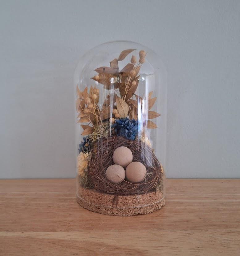 Decorative Glass Cloche with Bird's Nest & Dried Flowers  Easter Themed Home Display