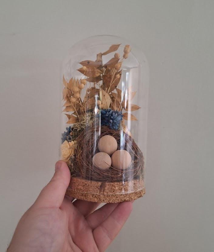 Decorative Glass Cloche with Bird's Nest & Dried Flowers  Easter Themed Home Display