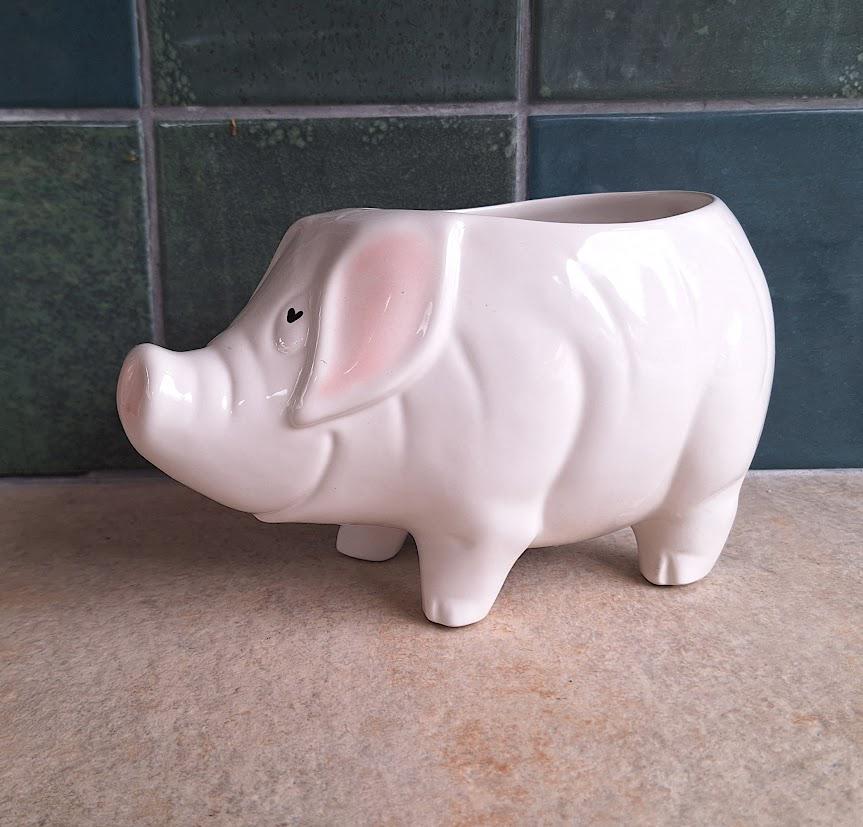 Large White Ceramic Pig Planter  Cute Animal Shaped Indoor Plant Pot  Glossy Farmhouse Decor