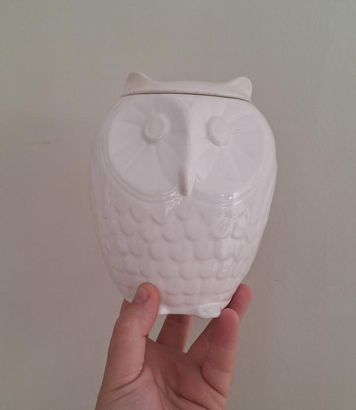 Vintage White Ceramic Owl Storage Jar with Lid  ELC Alcobaça Portugal