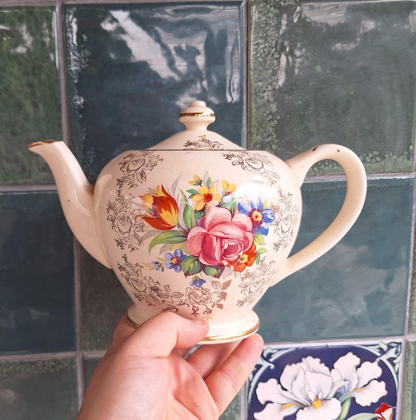 Vintage Teapot Floral Sadler Stamped  Pink, Red Flowers, Swirl Collectable Decorative Teapot Gold Gilt Afternoon Tea Party Floral Teapot