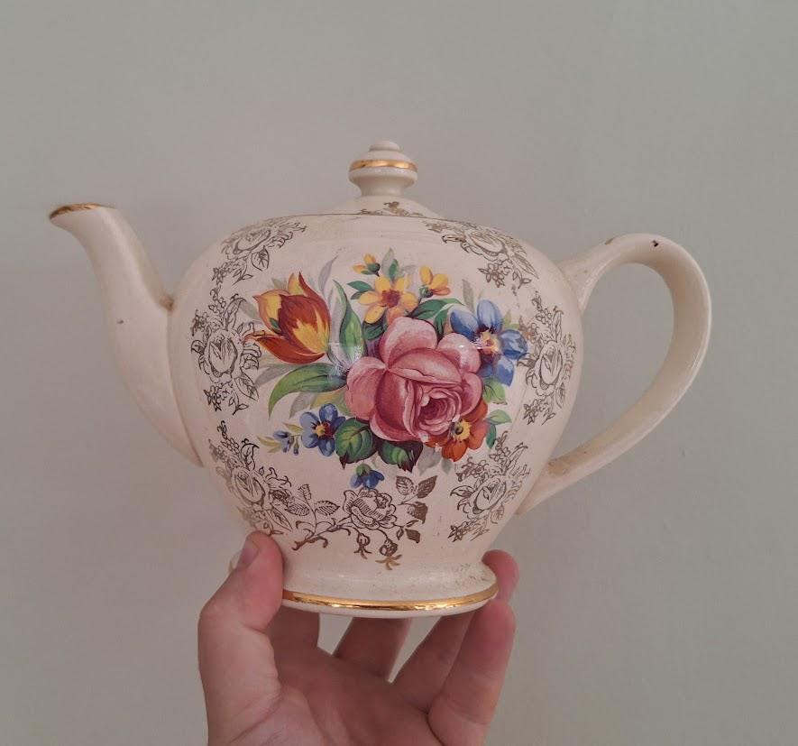 Vintage Teapot Floral Sadler Stamped  Pink, Red Flowers, Swirl Collectable Decorative Teapot Gold Gilt Afternoon Tea Party Floral Teapot