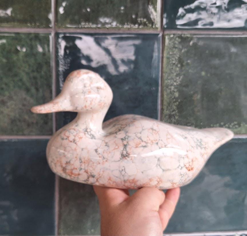 Handmade Marbled Ceramic Duck Ornament  Glazed Pottery Figurine in Cream, Orange and Blue  Animal Home Décor Gift