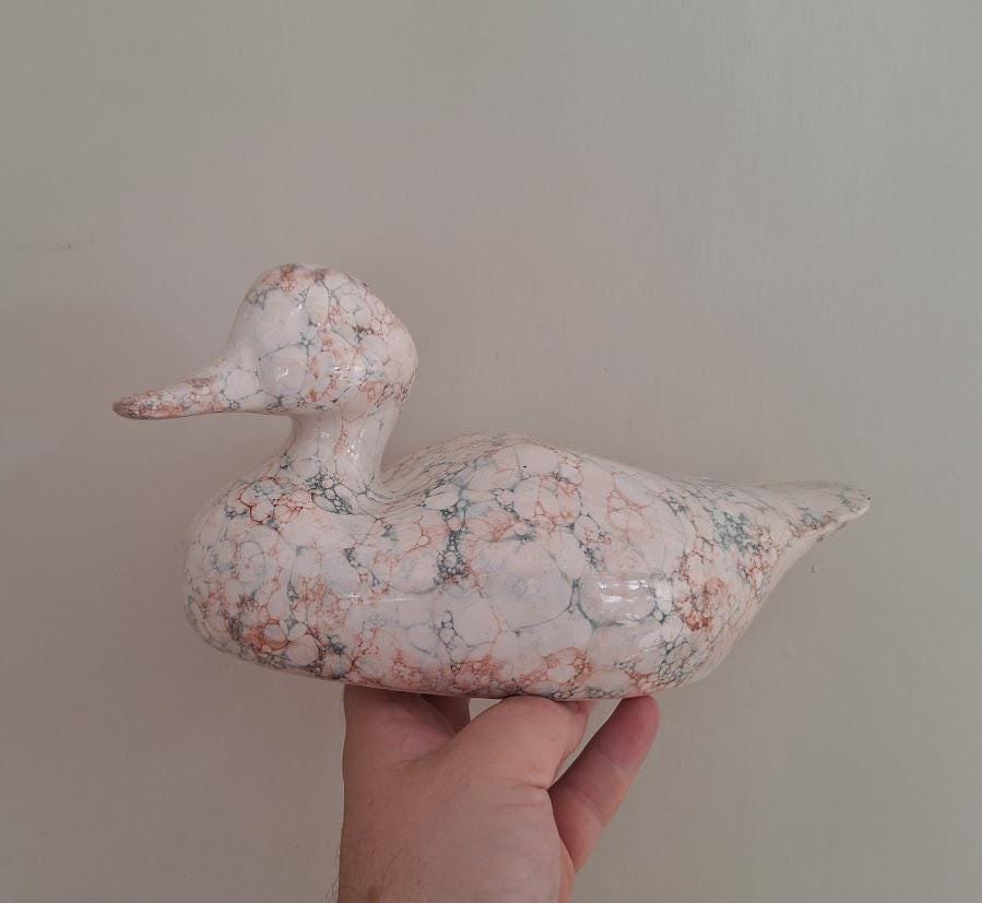 Handmade Marbled Ceramic Duck Ornament  Glazed Pottery Figurine in Cream, Orange and Blue  Animal Home Décor Gift
