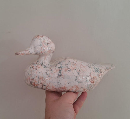 Handmade Marbled Ceramic Duck Ornament  Glazed Pottery Figurine in Cream, Orange and Blue  Animal Home Décor Gift