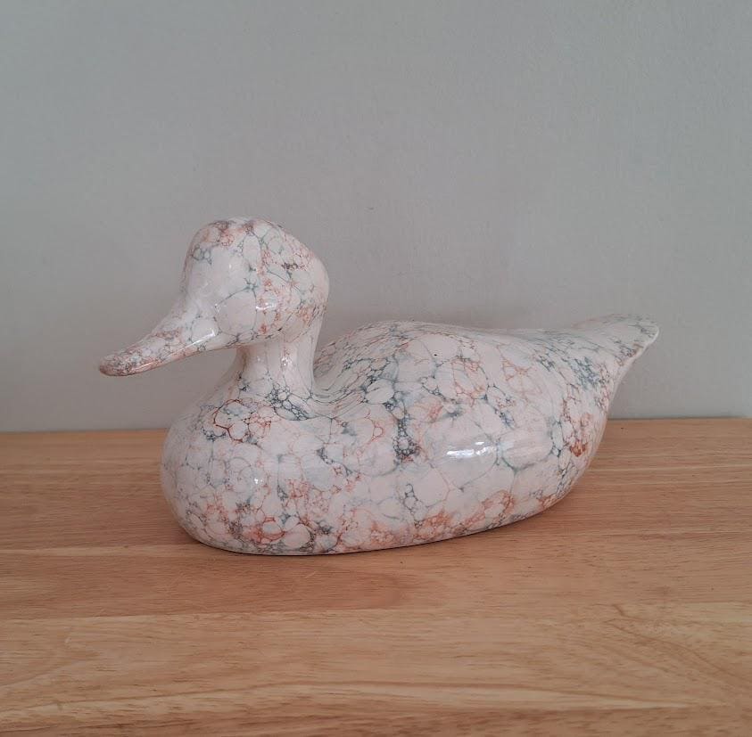 Handmade Marbled Ceramic Duck Ornament  Glazed Pottery Figurine in Cream, Orange and Blue  Animal Home Décor Gift