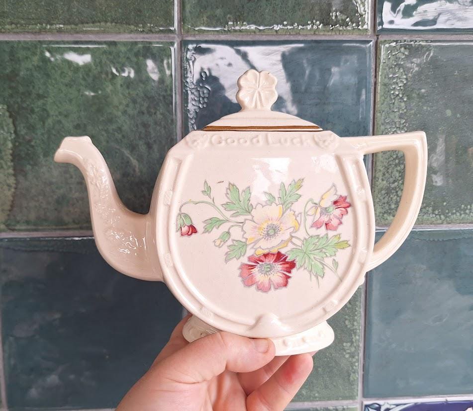 Vintage Sadler “Good Luck Embossed Floral Teapot  Cream Glaze Novelty English Pottery with Shamrock Lid  Made in England  Ad by Sadler
