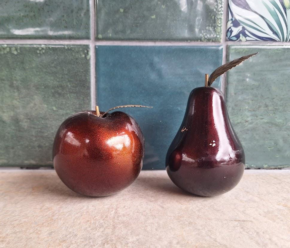 Vintage Decorative Apple and Pear Ornaments with Brass Leaf Detail  Iridescent Red Ceramic Fruit Figurines  Retro Home Decor Set