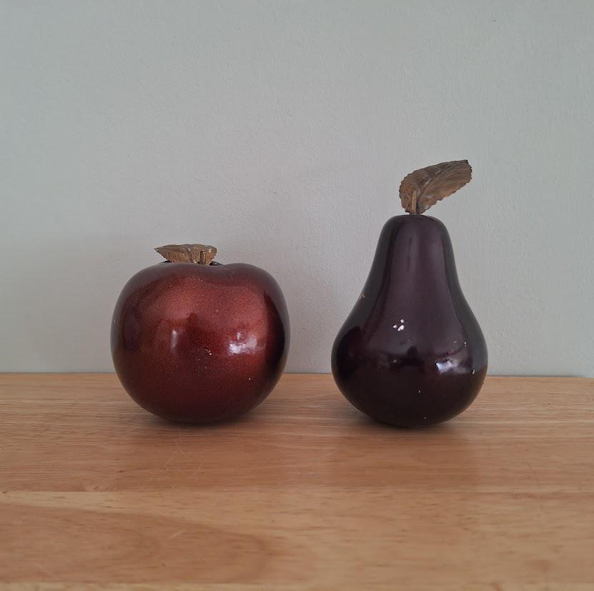 Vintage Decorative Apple and Pear Ornaments with Brass Leaf Detail  Iridescent Red Ceramic Fruit Figurines  Retro Home Decor Set