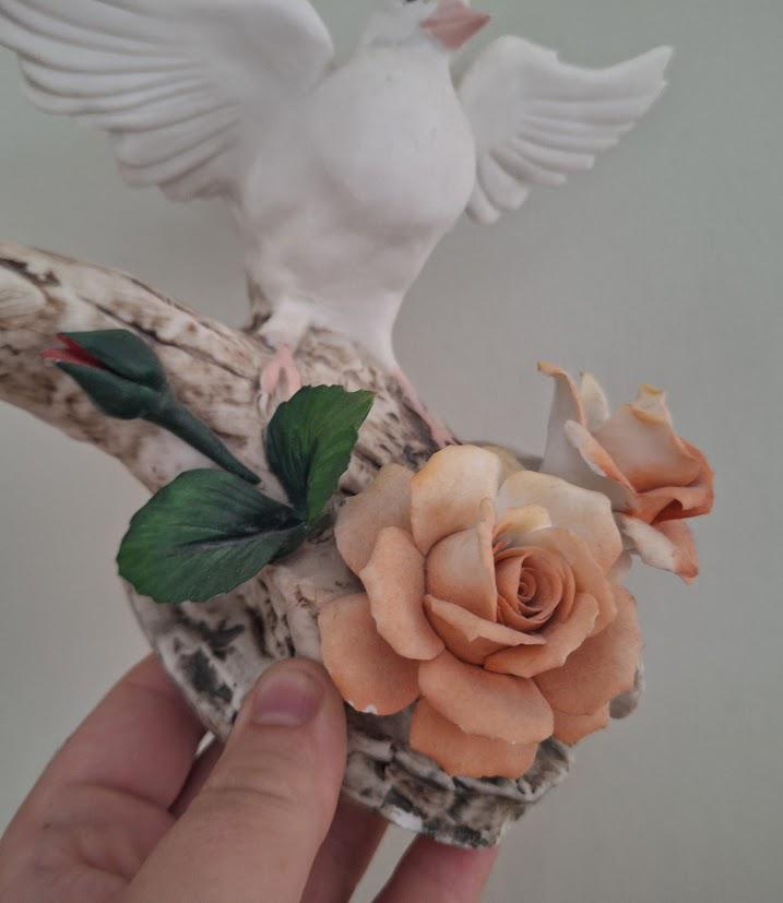 Vintage White Dove and Peach Rose Porcelain Figurine  Ceramic Bird on Branch
