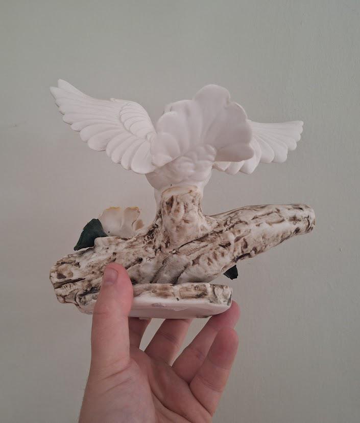 Vintage White Dove and Peach Rose Porcelain Figurine  Ceramic Bird on Branch