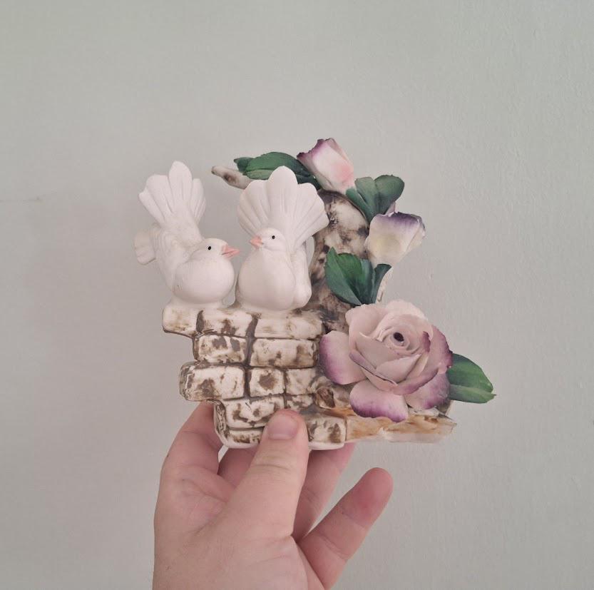 Capodimonte Italy White Dove Figurine  Vintage Ceramic Bird Couple on Wall with Roses and Tree Trunk Detail