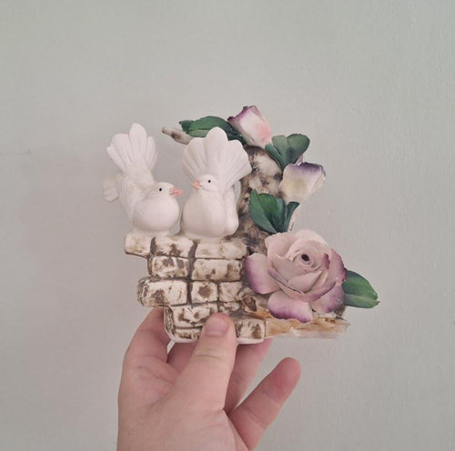 Capodimonte Italy White Dove Figurine  Vintage Ceramic Bird Couple on Wall with Roses and Tree Trunk Detail