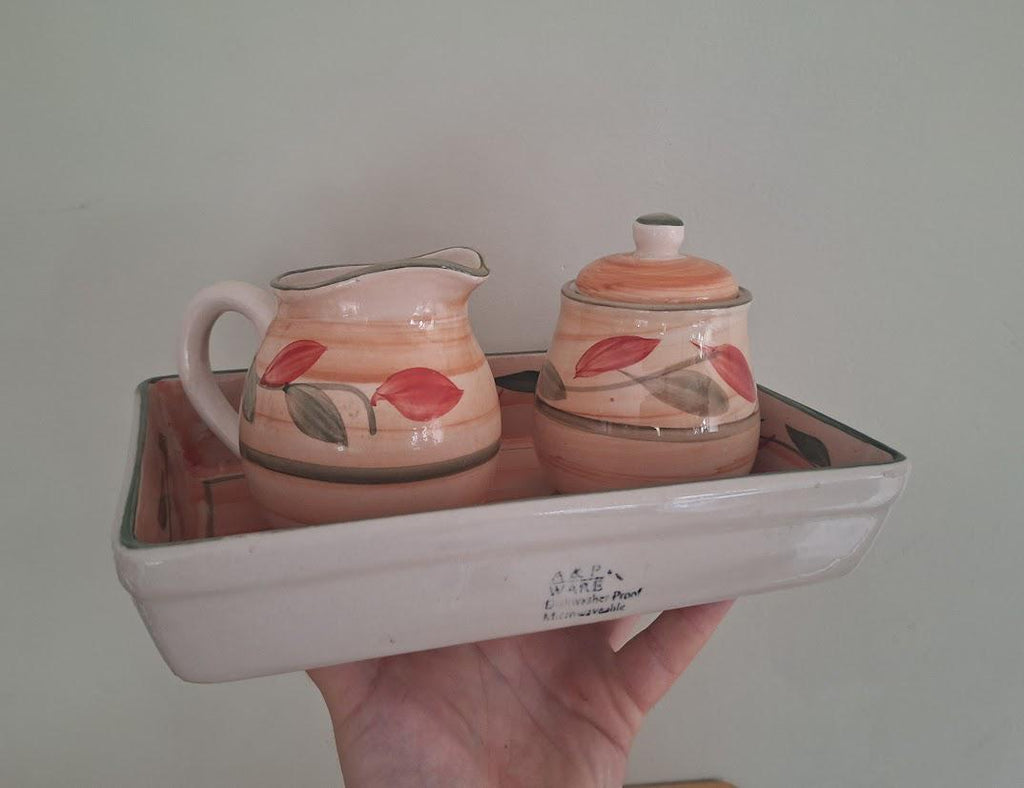 Vintage A and P Ware Hand-Painted Ceramic Cream & Sugar Set with Tray  Leaf Motif, Microwave and Dishwasher Safe