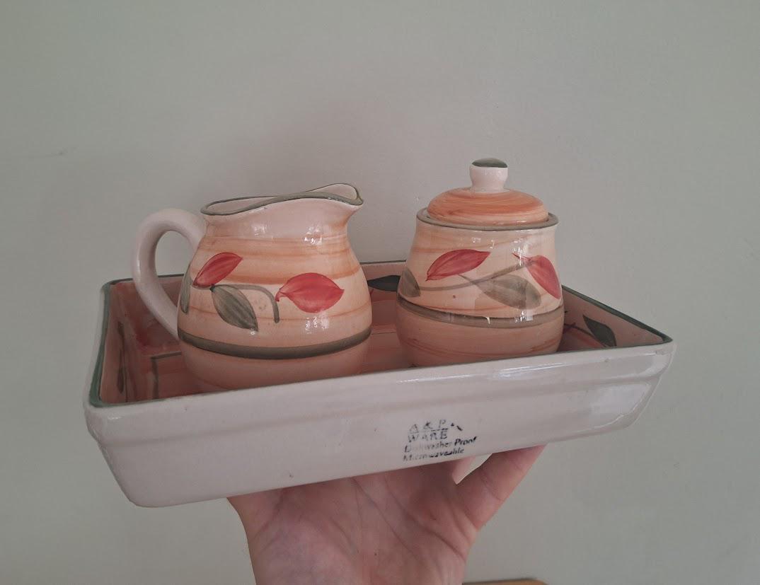 Vintage A and P Ware Hand-Painted Ceramic Cream & Sugar Set with Tray  Leaf Motif, Microwave and Dishwasher Safe