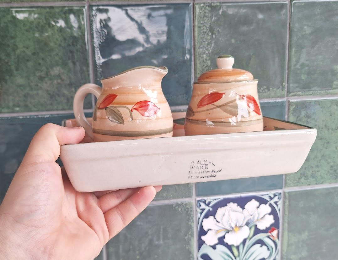 Vintage A and P Ware Hand-Painted Ceramic Cream & Sugar Set with Tray  Leaf Motif, Microwave and Dishwasher Safe