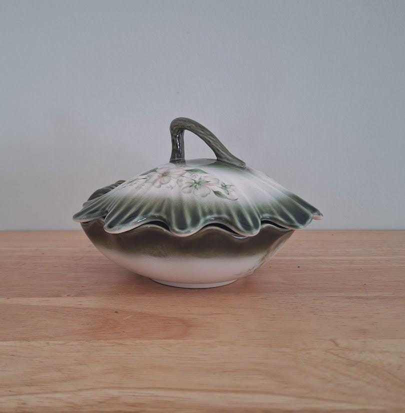 Vintage Blakeney Lidded Ceramic Soap Dish or Trinket Bowl  Green Ombre Glaze with Floral Design  Made in England