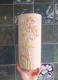 Vintage White Ceramic Vase  Raised Floral Relief, Pastel Botanical Design