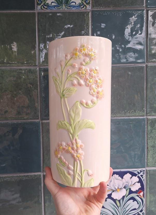 Vintage White Ceramic Vase  Raised Floral Relief, Pastel Botanical Design