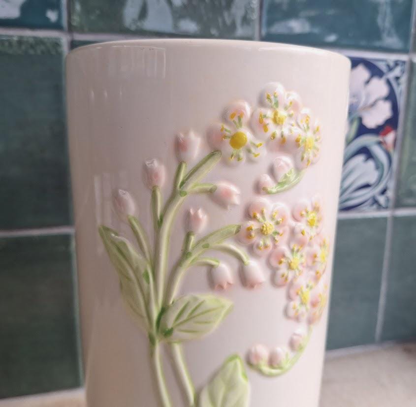 Vintage White Ceramic Vase  Raised Floral Relief, Pastel Botanical Design