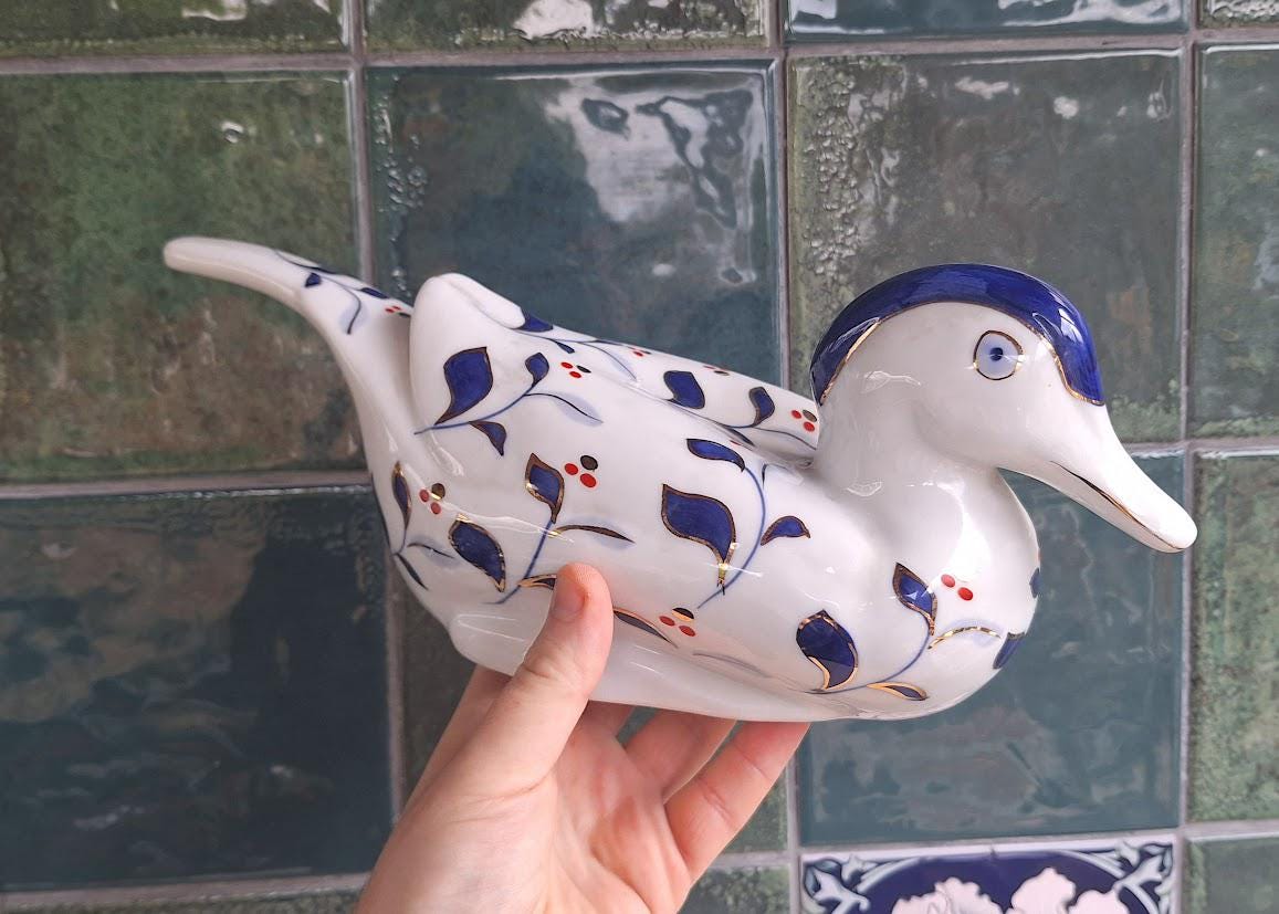 Vintage Blue Floral Ceramic Duck Planter  Folk Art Bird Plant Pot Made in China