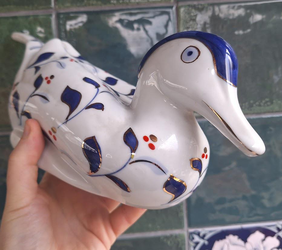 Vintage Blue Floral Ceramic Duck Planter  Folk Art Bird Plant Pot Made in China